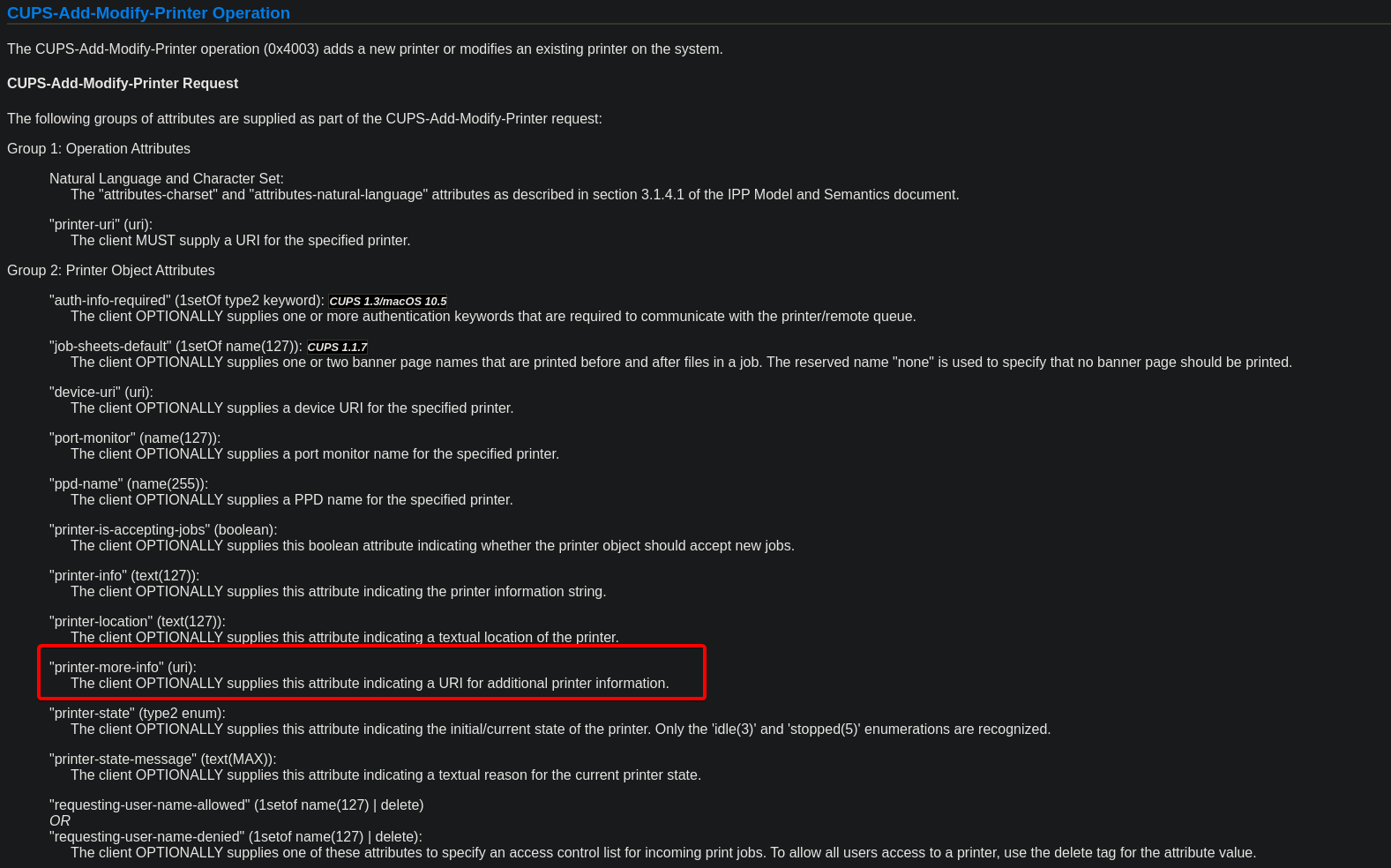 Detailed view of malicious printer attributes